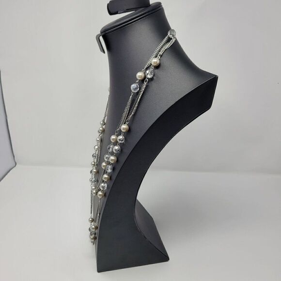 Express Layered Princess Matinee Necklace Silver Faux Pearl Crystal Multi Chain - Picture 9 of 10